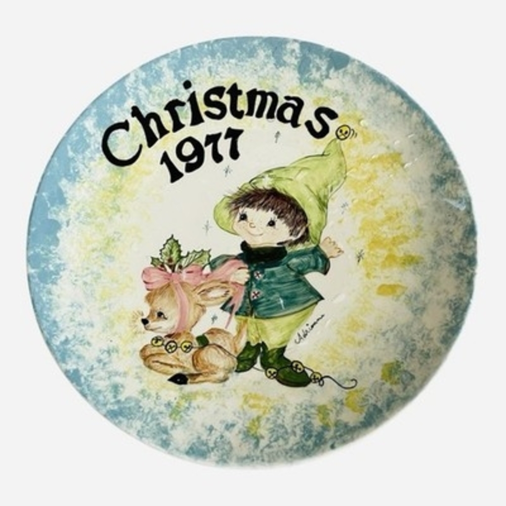 Vintage 1977 Christmas Plate Hand Painted Elf Reindeer Signed Adrienne 10" VG
